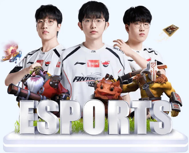 三名穿队服的电竞人物与游戏角色及ESPORTS文字