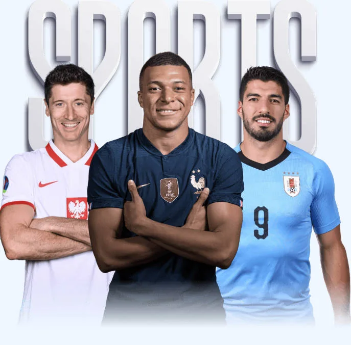 三名不同球衣的足球人物与SPORTS文字